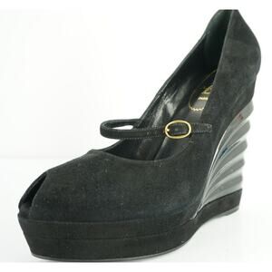 Saint Laurent Suede Mary Jane Winged Molded Wedge Pumps